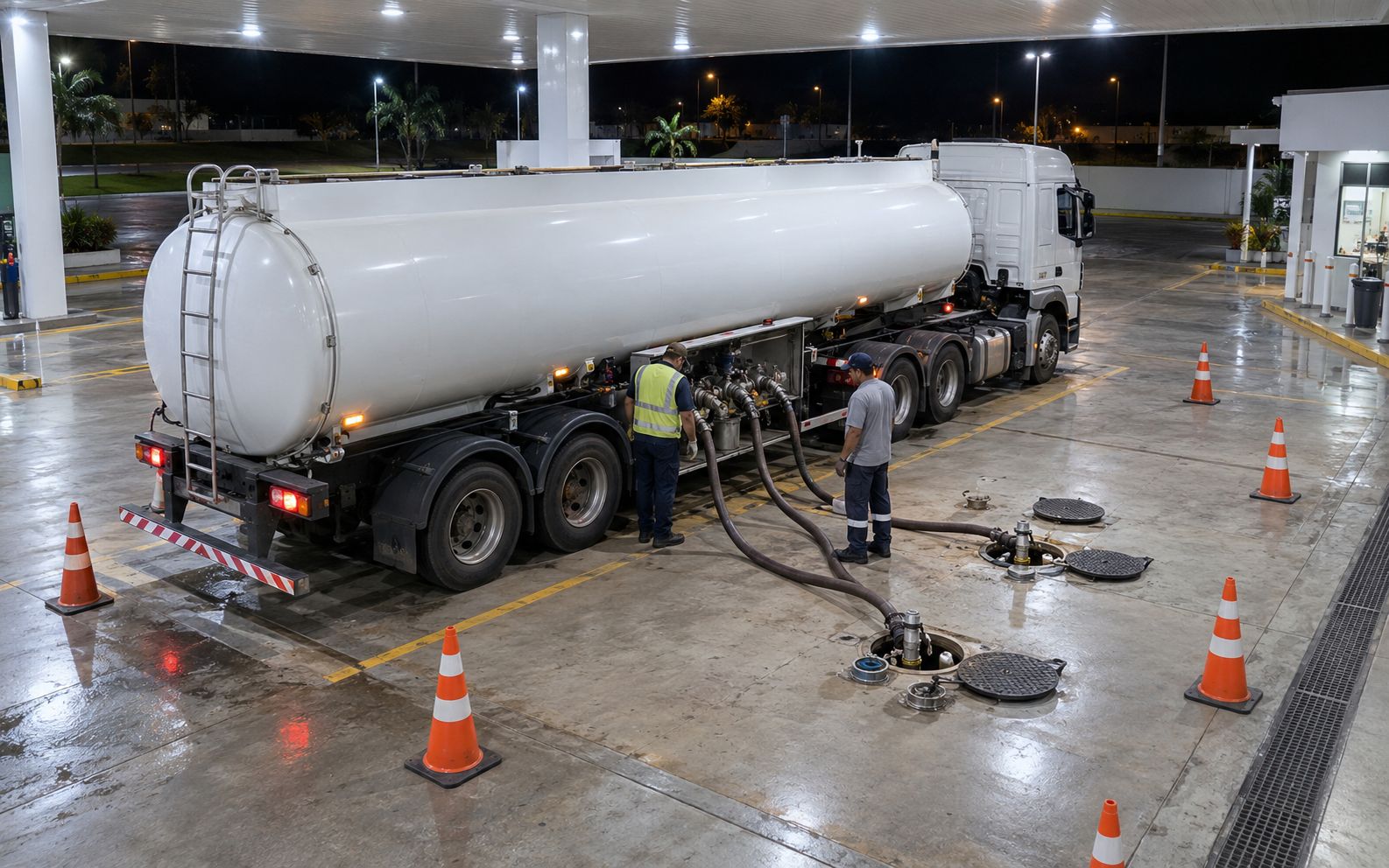 Câmera do posto à noite: caminhão-tanque descarregando, mangueiras nos bocais dos tanques.